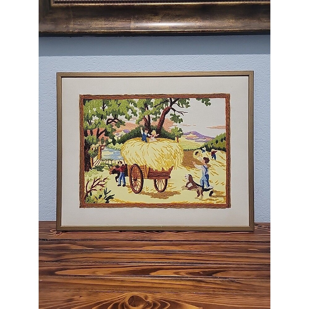Vintage 1992 Crewel Harvesting the Hey Finished Framed Sunset Stitchery